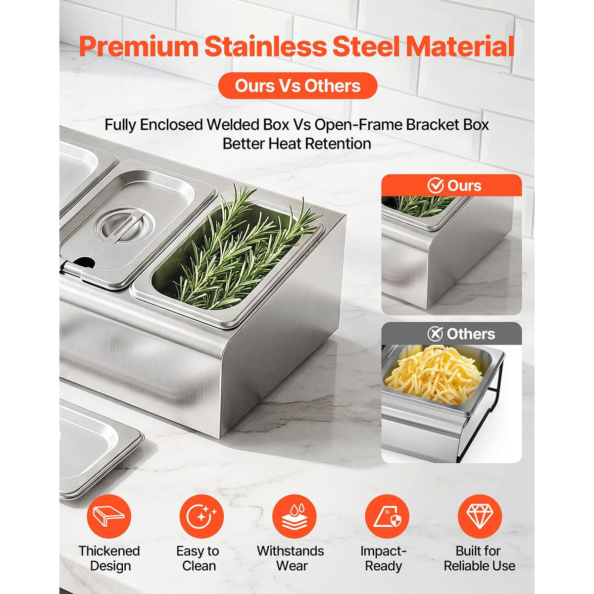 Countertop Food Serving Display Container, Stainless Steel Food Salad Server Tray, Buffet Condiment Dispenser, Ice Cooled Rack with Separate Lid, for Restaurant Hotel Kitchen (2x1/6+3x1/9 Pan)