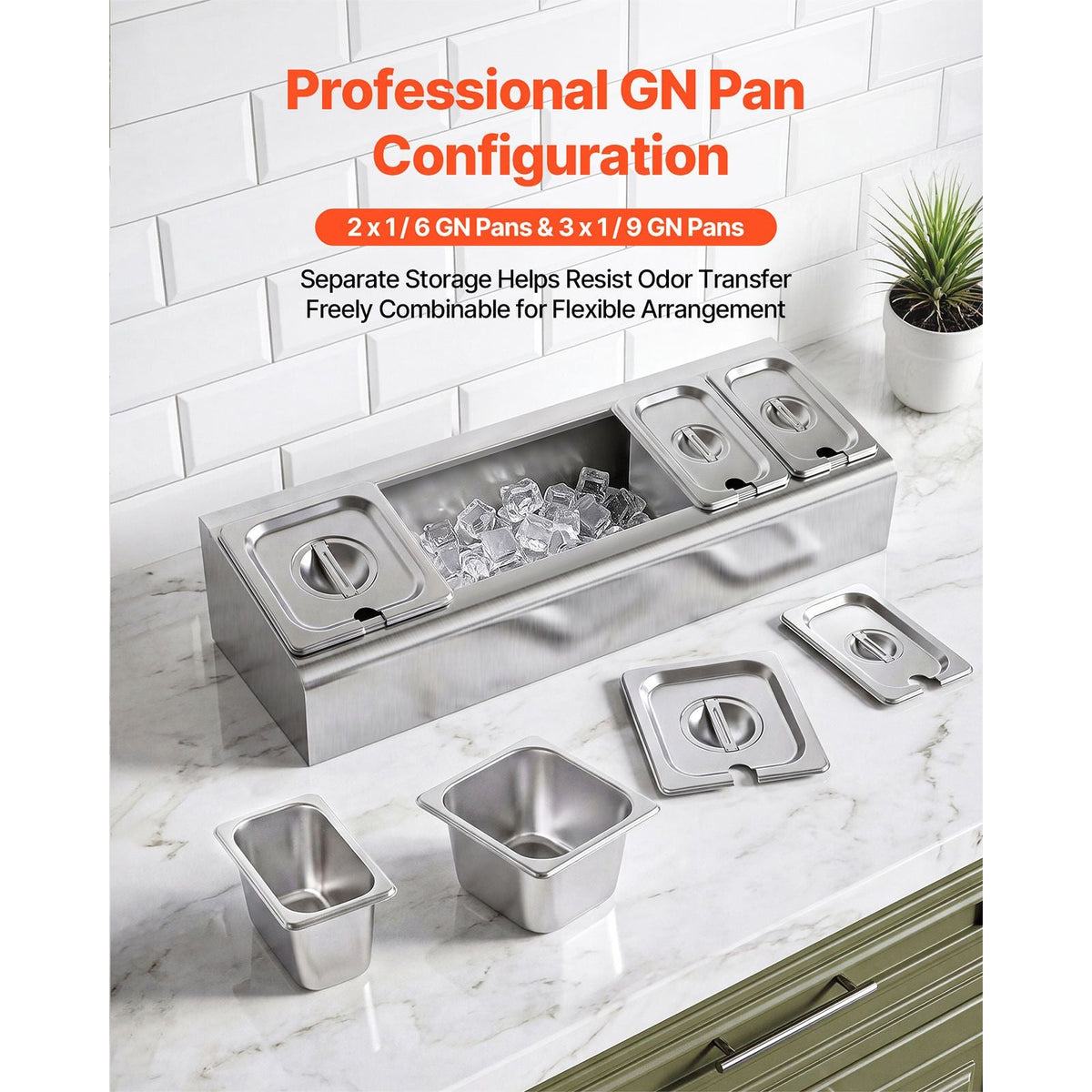 Countertop Food Serving Display Container, Stainless Steel Food Salad Server Tray, Buffet Condiment Dispenser, Ice Cooled Rack with Separate Lid, for Restaurant Hotel Kitchen (2x1/6+3x1/9 Pan)