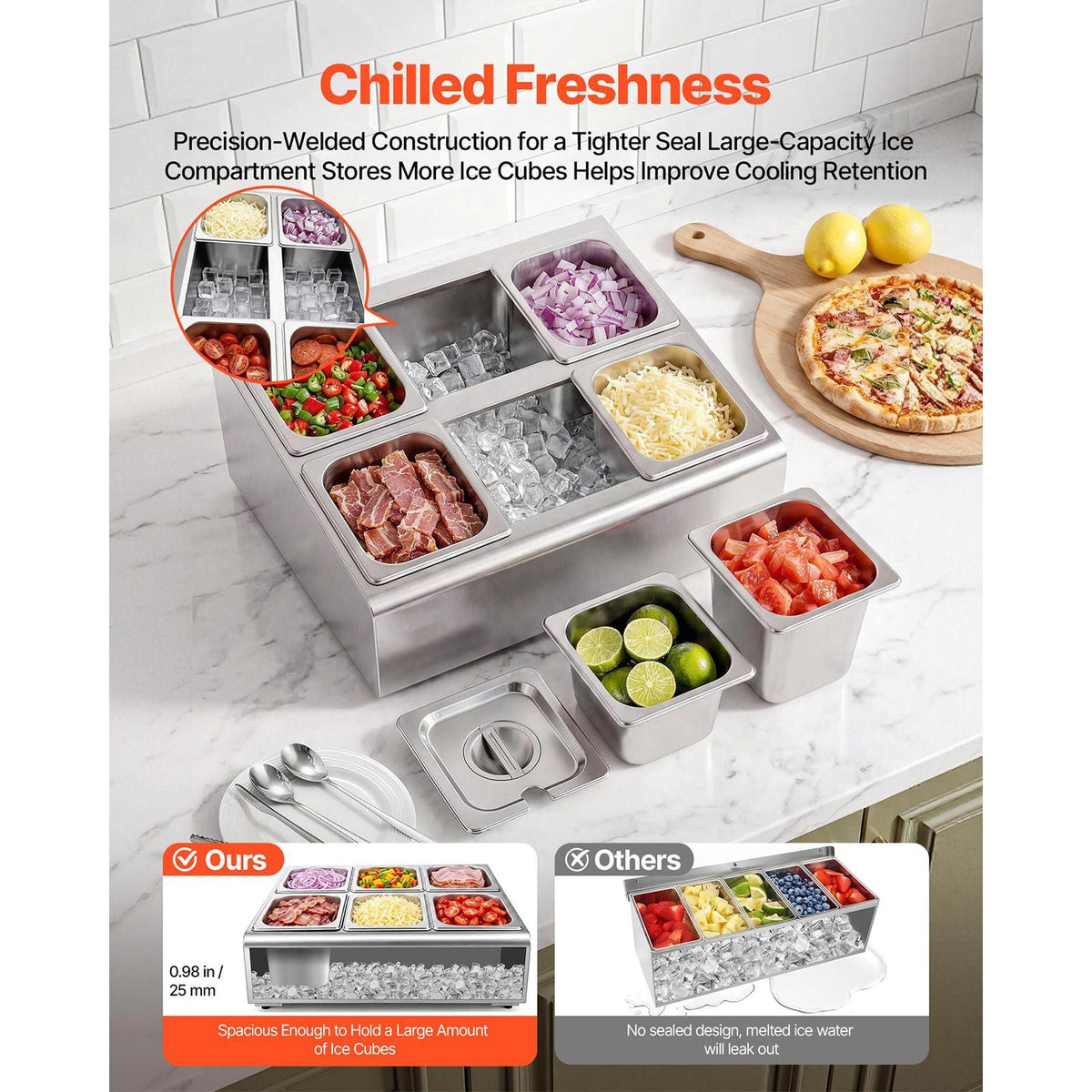 Countertop Food Serving Display Container, Stainless Steel Food Salad Server Tray, Buffet Condiment Dispenser, Ice Cooled Rack with Separate Lid, for Restaurant Hotel Kitchen Party (6x1/6 Pan)