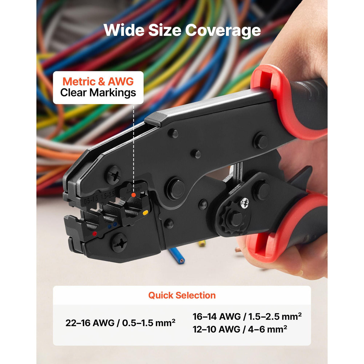 Crimping Tool, 22-10 AWG Ratcheting Wire Crimper Tool, Labor-Saving Electrical Terminal Crimp Pliers with Clear Metric & AWG Markings, Quick Release, Adjustable Force for Multiple Terminals