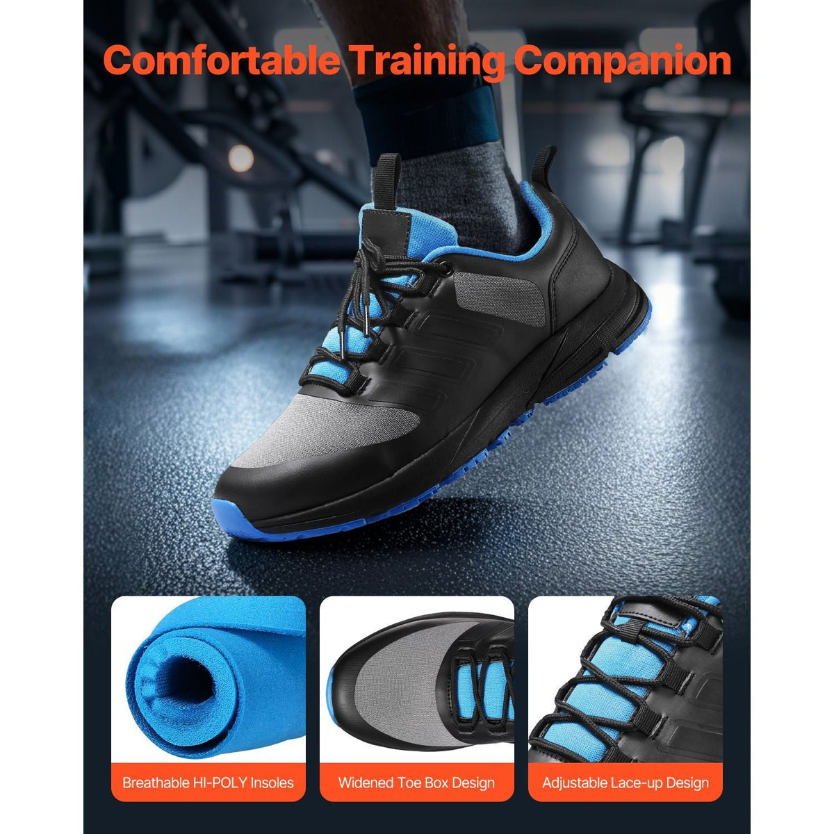 Cross Training Shoes, M Width Sneakers US Size 9, Wide Toe Box Shoes with Arch Support & Adjustable Lace-up, Training Shoes for Running, Gymnastics, Dog Walking, and Weightlifting (Black)