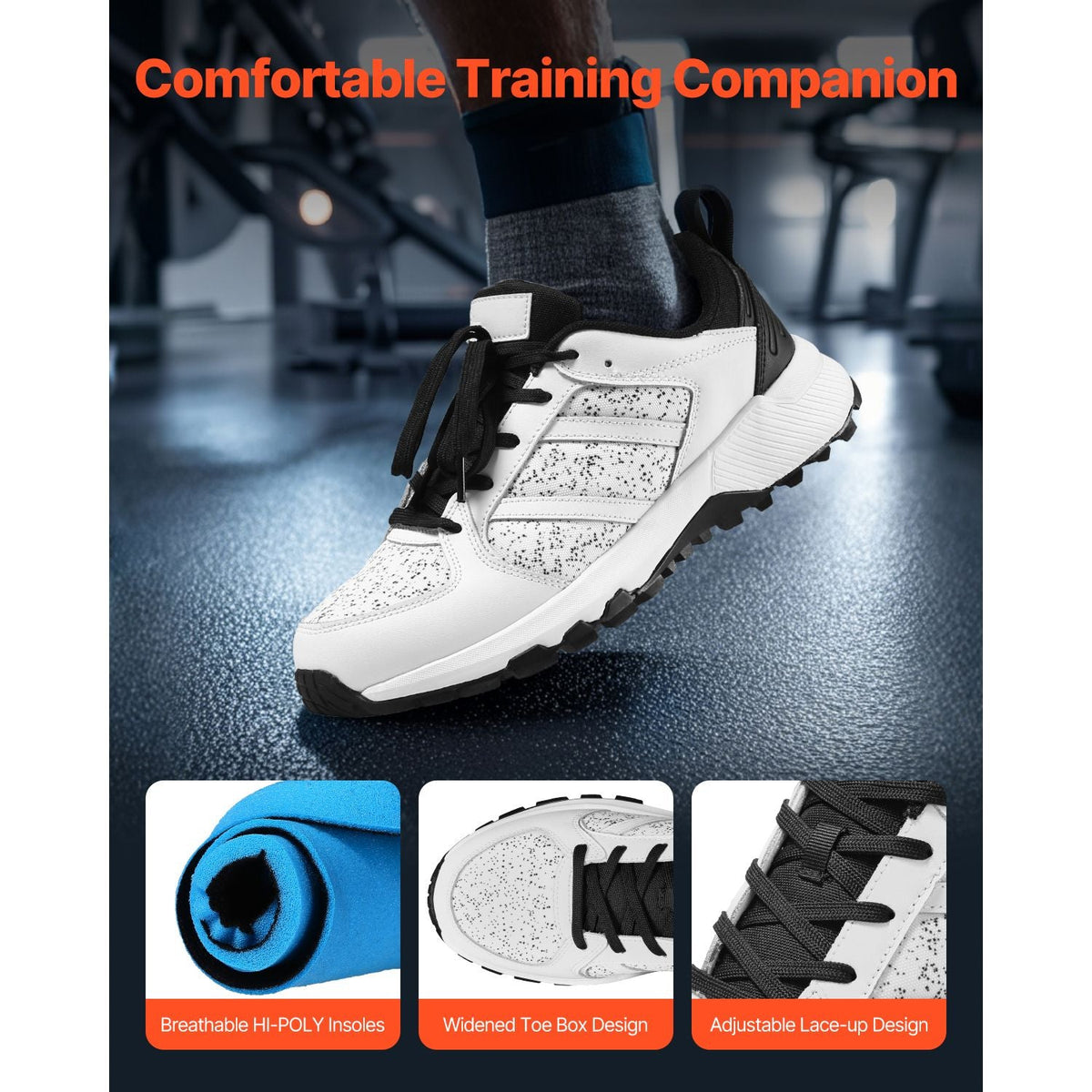 Cross Training Shoes, W Width Sneakers US Size 10, Wide Toe Box Shoes with Arch Support & Adjustable Lace-up, Training Shoes for Running, Gymnastics, Dog Walking, and Weightlifting (White)