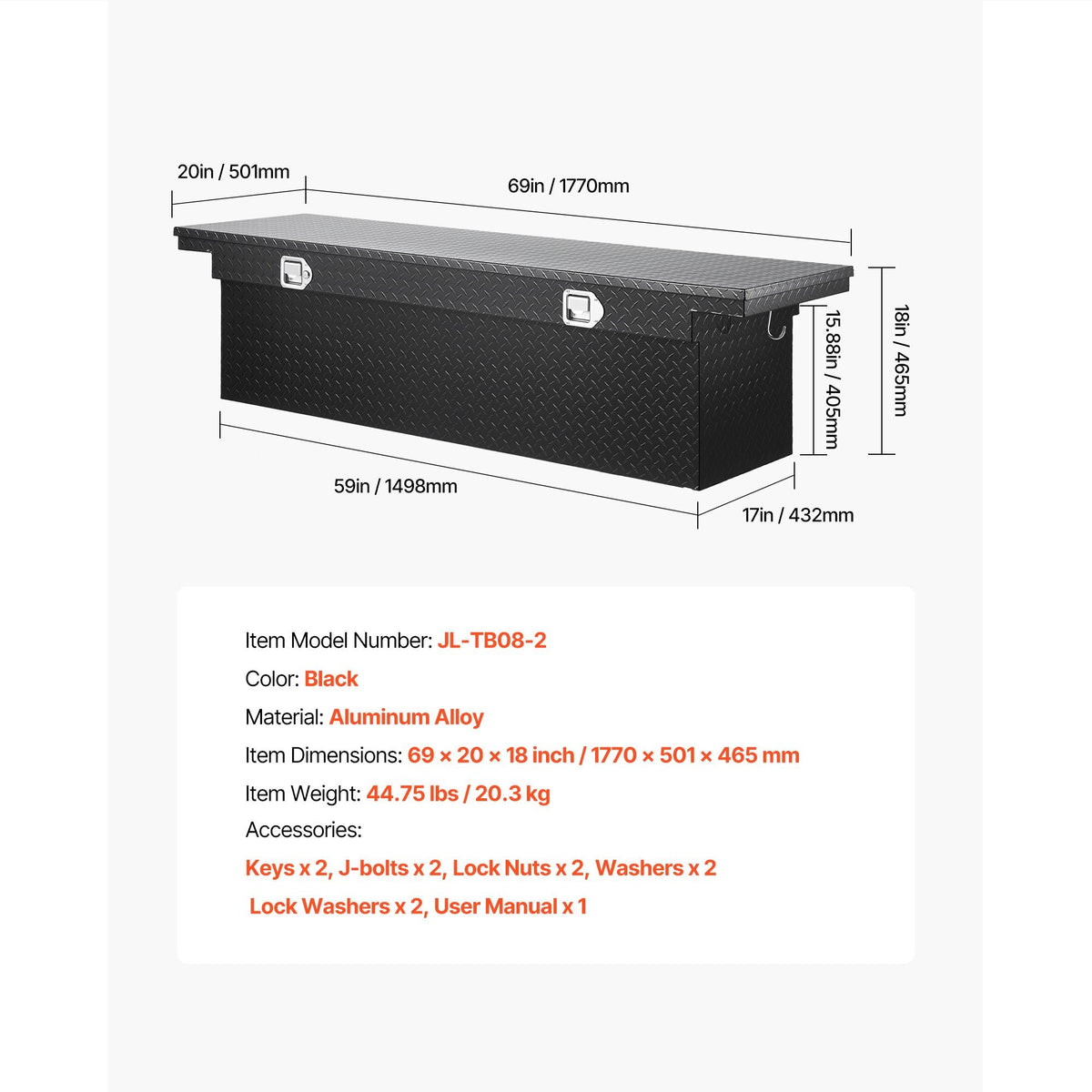 Crossover Truck Tool Box, 69x20x18 In, Heavy Duty Aluminum Toolbox with Diamond Texture, Pick Up Truck Bed RV Trailer Toolbox, Waterproof Storage Organizer with Lock, Keys, Side Handles, Black