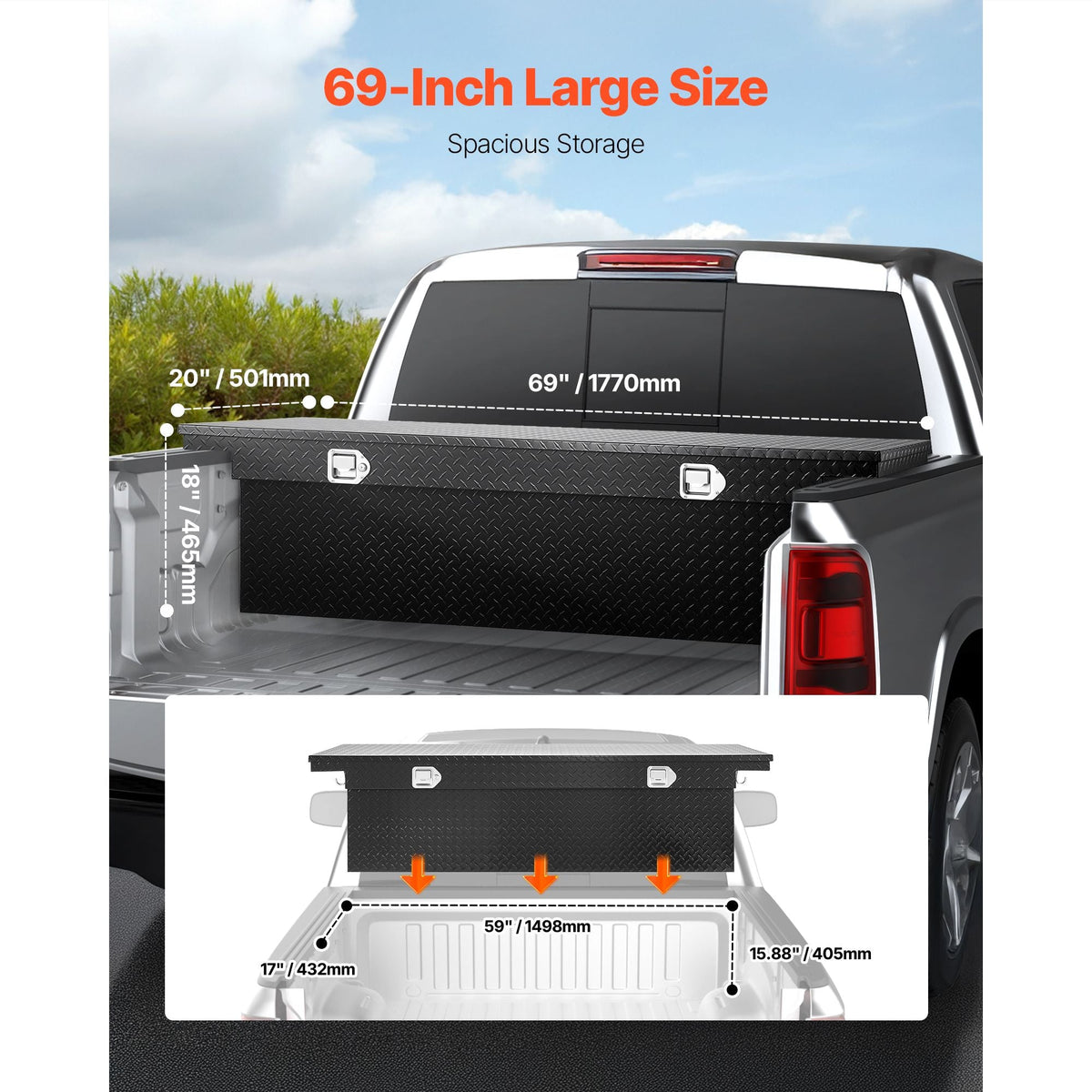 Crossover Truck Tool Box, 69x20x18 In, Heavy Duty Aluminum Toolbox with Diamond Texture, Pick Up Truck Bed RV Trailer Toolbox, Waterproof Storage Organizer with Lock, Keys, Side Handles, Black