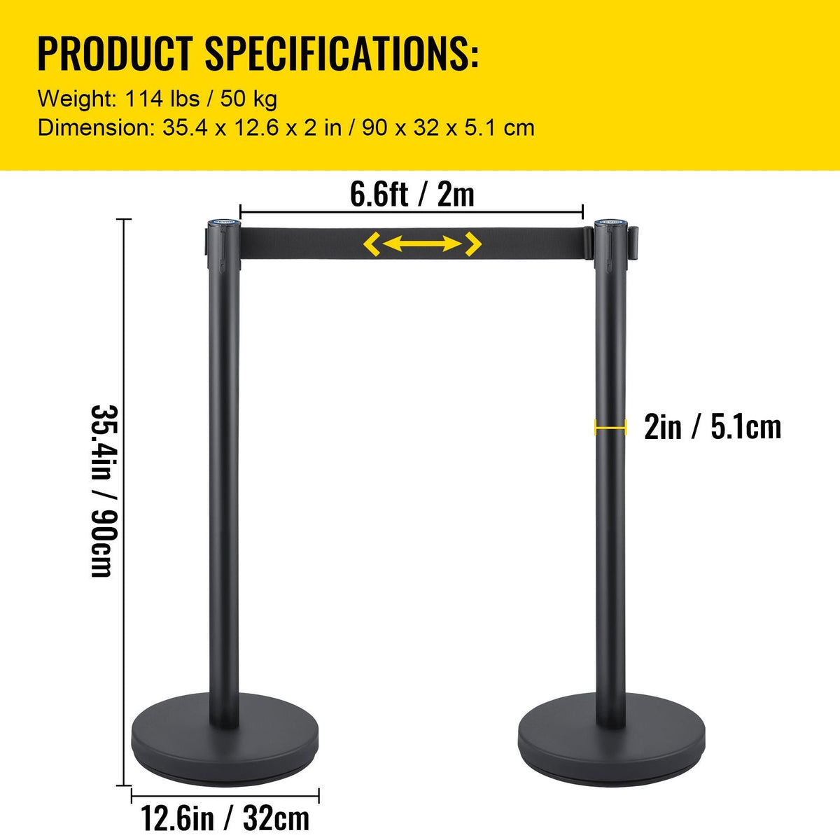 Crowd Control Stanchion, Set of 8 Pieces Stanchion Set, Stanchion Set with 6.6 ft/2 m Black Retractable Belt, Black Crowd Control Barrier with Concrete and Metal Base – Easy Connect Assembly