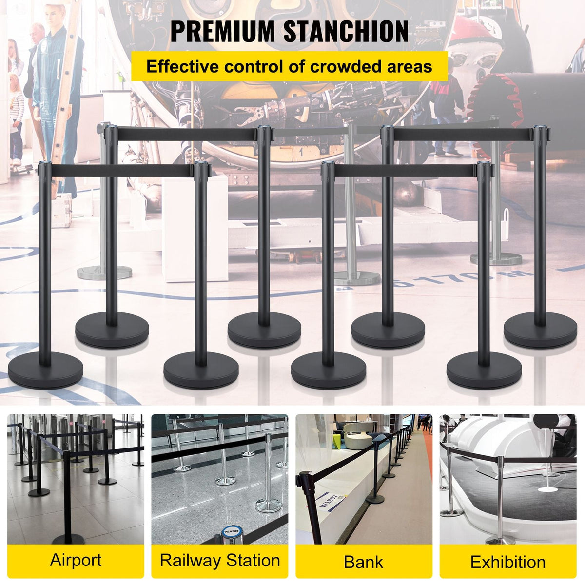 Crowd Control Stanchion, Set of 8 Pieces Stanchion Set, Stanchion Set with 6.6 ft/2 m Black Retractable Belt, Black Crowd Control Barrier with Concrete and Metal Base – Easy Connect Assembly