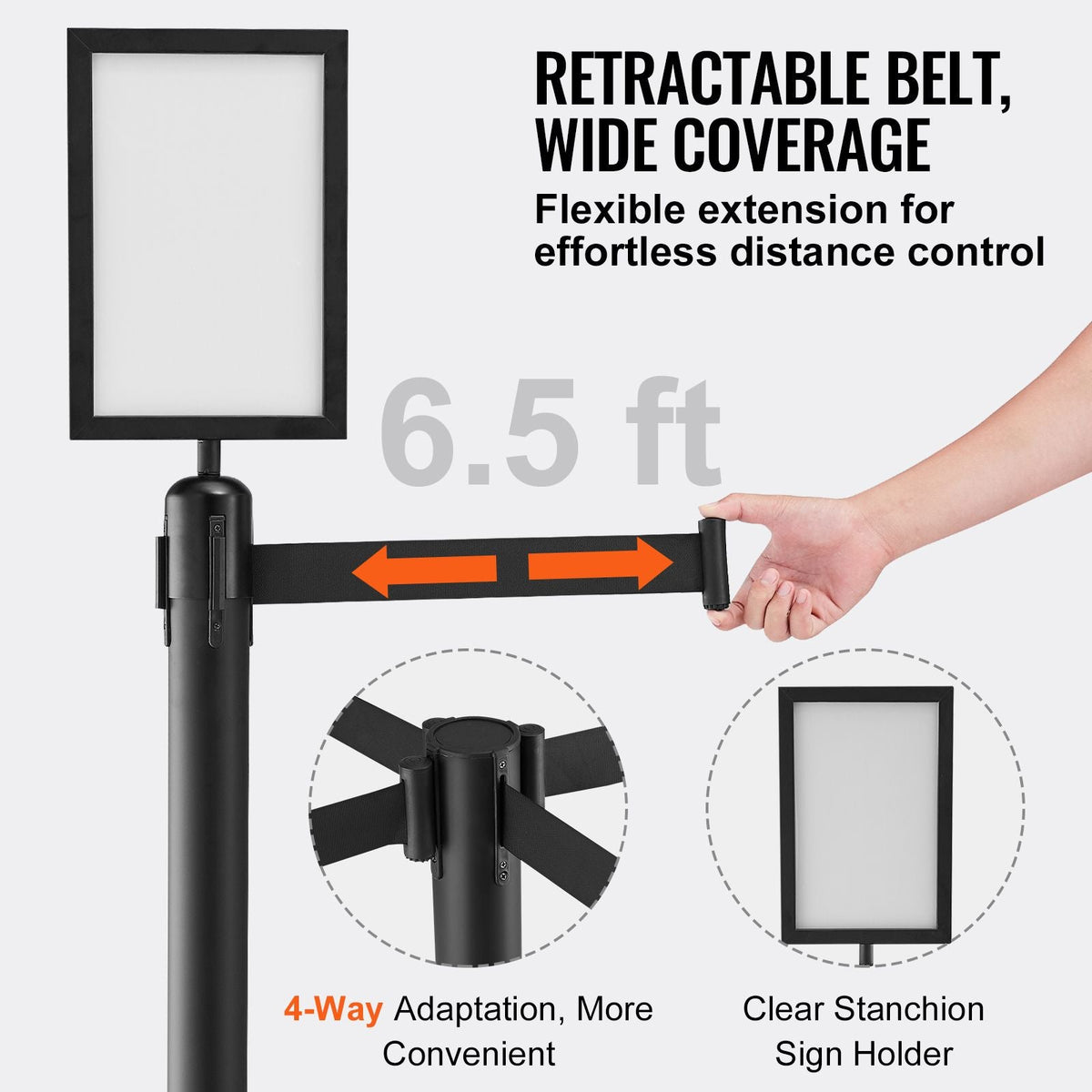 Crowd Control Stanchions, 6-Pack Crowd Control Barriers, Carbon Steel Baking Painted Stanchion Queue Post with Sign Holder & 3PCS 6.5FT Retractable Belt, Belt Barrier Line Divider, Easy Assembly