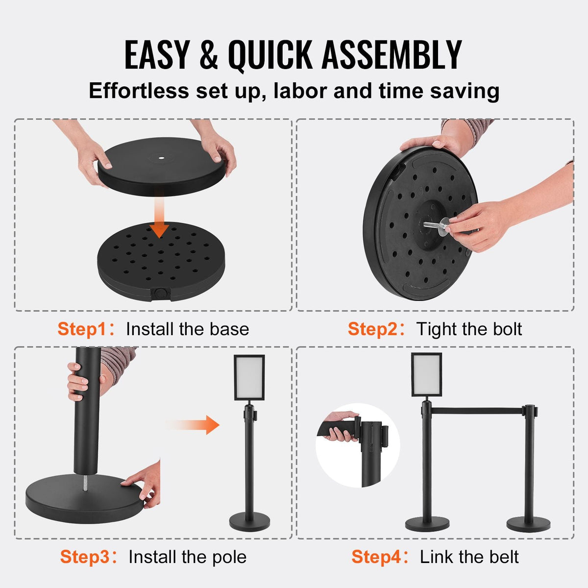 Crowd Control Stanchions, 6-Pack Crowd Control Barriers, Carbon Steel Baking Painted Stanchion Queue Post with Sign Holder & 3PCS 6.5FT Retractable Belt, Belt Barrier Line Divider, Easy Assembly