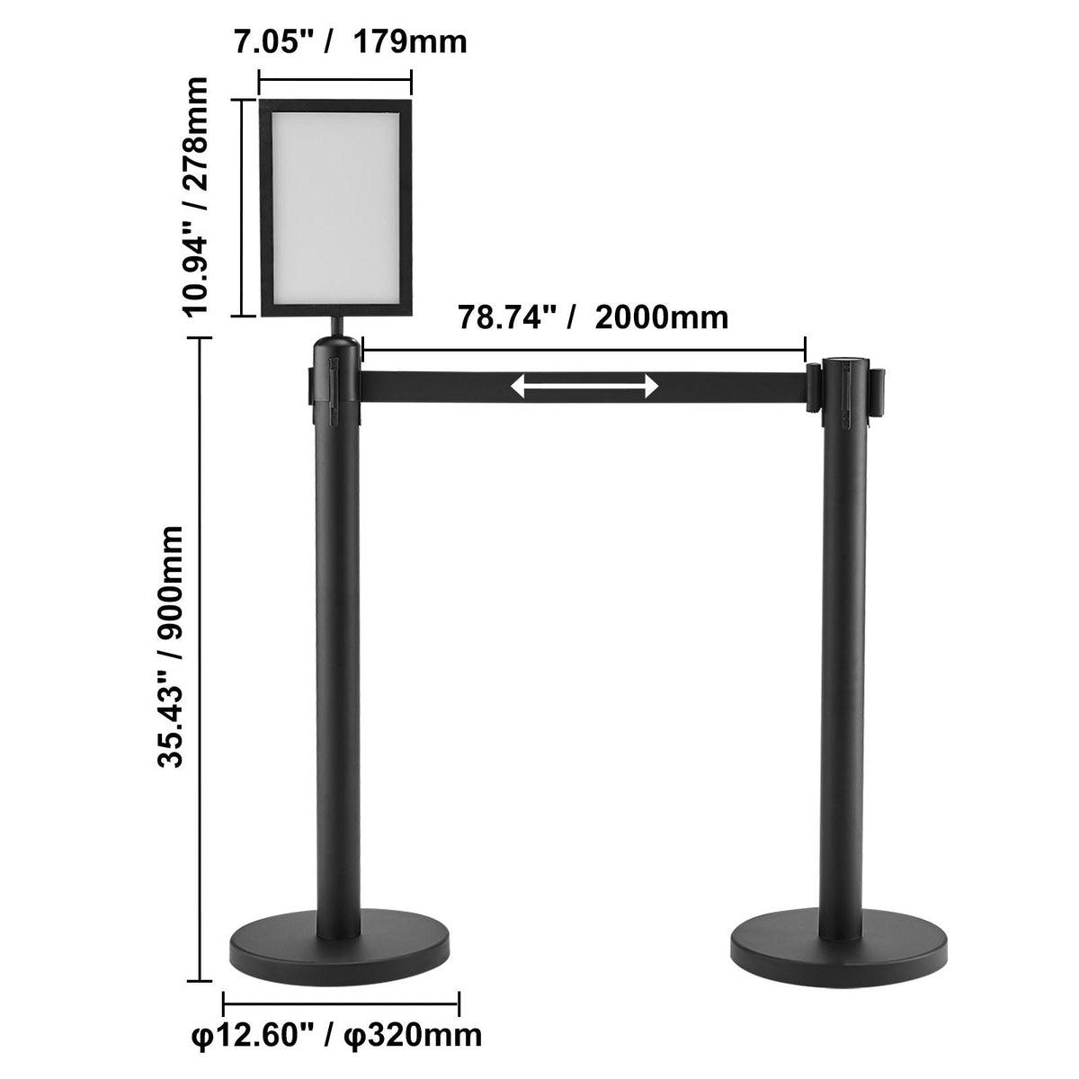 Crowd Control Stanchions, 6-Pack Crowd Control Barriers, Carbon Steel Baking Painted Stanchion Queue Post with Sign Holder & 3PCS 6.5FT Retractable Belt, Belt Barrier Line Divider, Easy Assembly