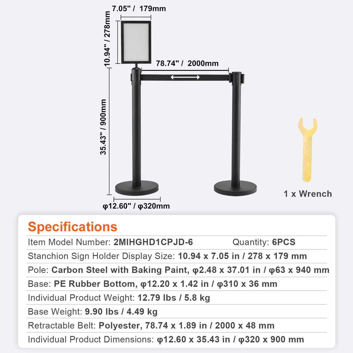 Crowd Control Stanchions, 6-Pack Crowd Control Barriers, Carbon Steel Baking Painted Stanchion Queue Post with Sign Holder & 3PCS 6.5FT Retractable Belt, Belt Barrier Line Divider, Easy Assembly