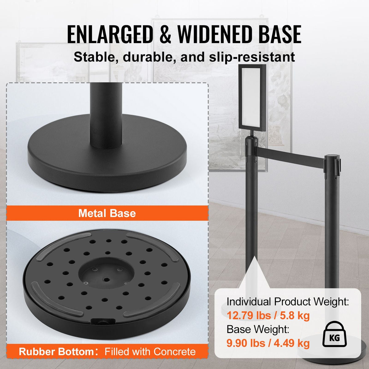 Crowd Control Stanchions, 6-Pack Crowd Control Barriers, Carbon Steel Baking Painted Stanchion Queue Post with Sign Holder & 3PCS 6.5FT Retractable Belt, Belt Barrier Line Divider, Easy Assembly