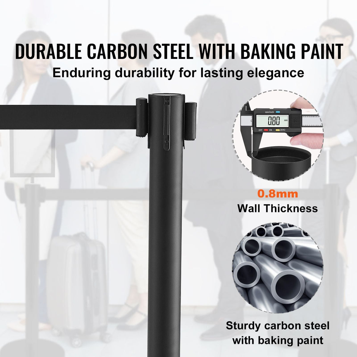 Crowd Control Stanchions, 6-Pack Crowd Control Barriers, Carbon Steel Baking Painted Stanchion Queue Post with Sign Holder & 3PCS 6.5FT Retractable Belt, Belt Barrier Line Divider, Easy Assembly