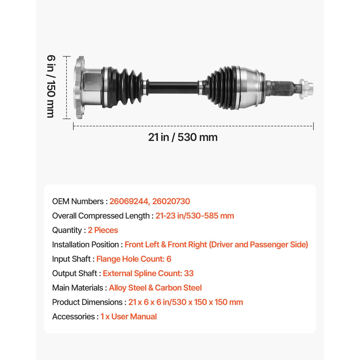 CV Axle Shaft Assembly, 2 Pieces Front Left & Right (Driver and Passenger Side), Automotive Replacement Axles Pair Compatible with 1999-2006 Chevrolet Silverado 1500, Alloy Steel & Carbon Steel