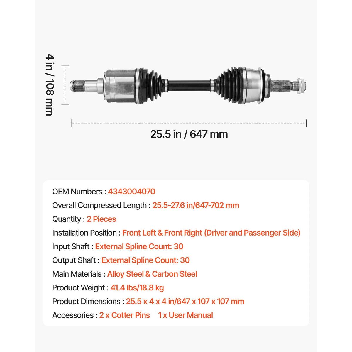 CV Axle Shaft Assembly, 2 Pieces Front Left & Right (Driver and Passenger Side), Automotive Replacement CV Joint Axles Pair Compatible with 2003-2022 Toyota 4Runner, Alloy Steel & Carbon Steel