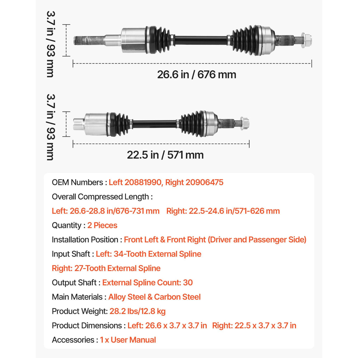 CV Axle Shaft Assembly, 2 Pieces Front Left & Right (Driver and Passenger Side), Automotive Replacement Joint Axles Pair Compatible with 2010-2017 Chevrolet Equinox, Alloy Steel & Carbon Steel