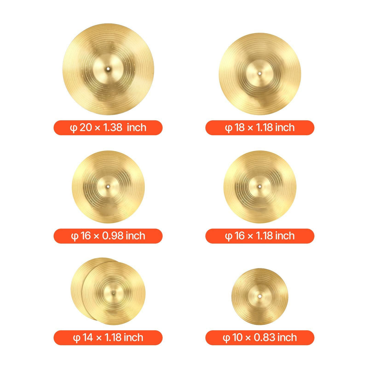 Cymbal Pack, 6 Pieces Cymbals for Drum Set, Alloy Cymbals Drum Set Includes 14-inch Hi-Hats, 16-inch Crash, 18-inch Crash, 20-inch Ride, 10-inch Splash, 16-inch China, Drumsticks & Cymbal Bag