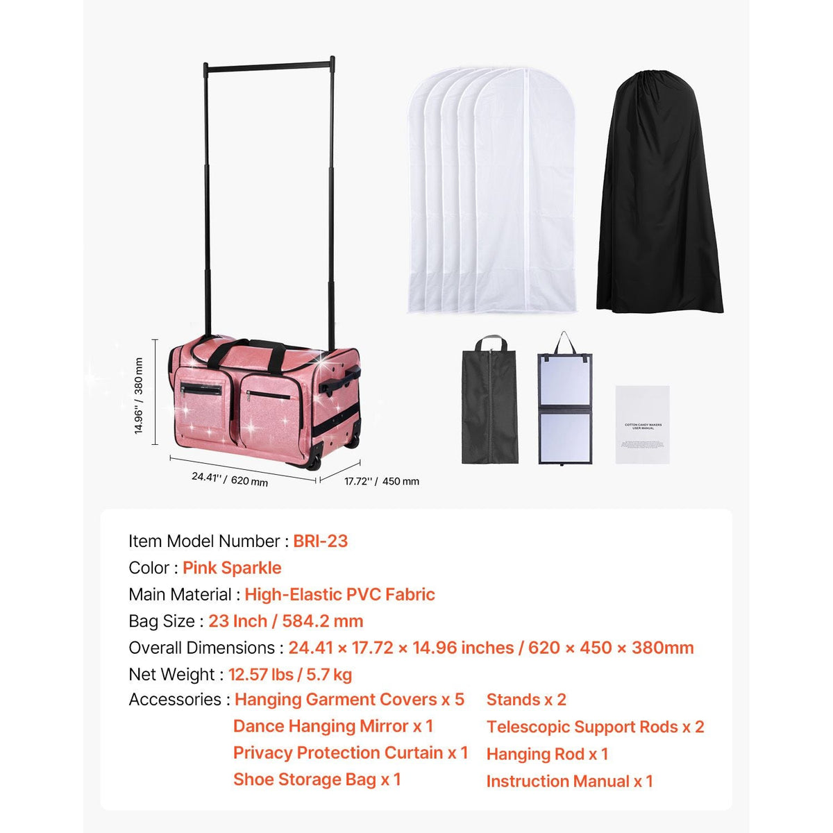 Dance Bag with Garment Rack, 23 Inch Rolling Dance Duffel, with Wheels, USB Port, Height Adjustable Clothes Rack, Privacy Protection Curtain, Ideal for Travel and Competitions, Sparkling Pink