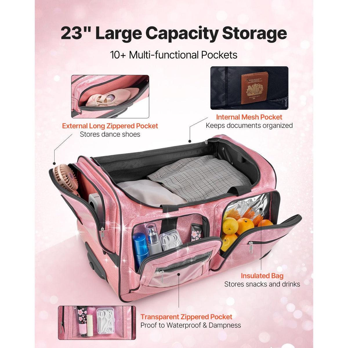 Dance Bag with Garment Rack, 23 Inch Rolling Dance Duffel, with Wheels, USB Port, Height Adjustable Clothes Rack, Privacy Protection Curtain, Ideal for Travel and Competitions, Sparkling Pink
