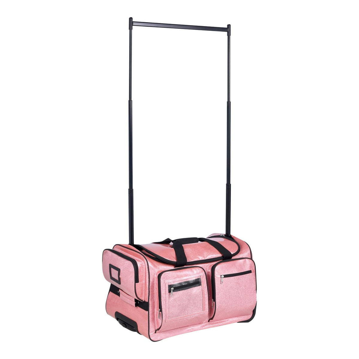 Dance Bag with Garment Rack, 23 Inch Rolling Dance Duffel, with Wheels, USB Port, Height Adjustable Clothes Rack, Privacy Protection Curtain, Ideal for Travel and Competitions, Sparkling Pink