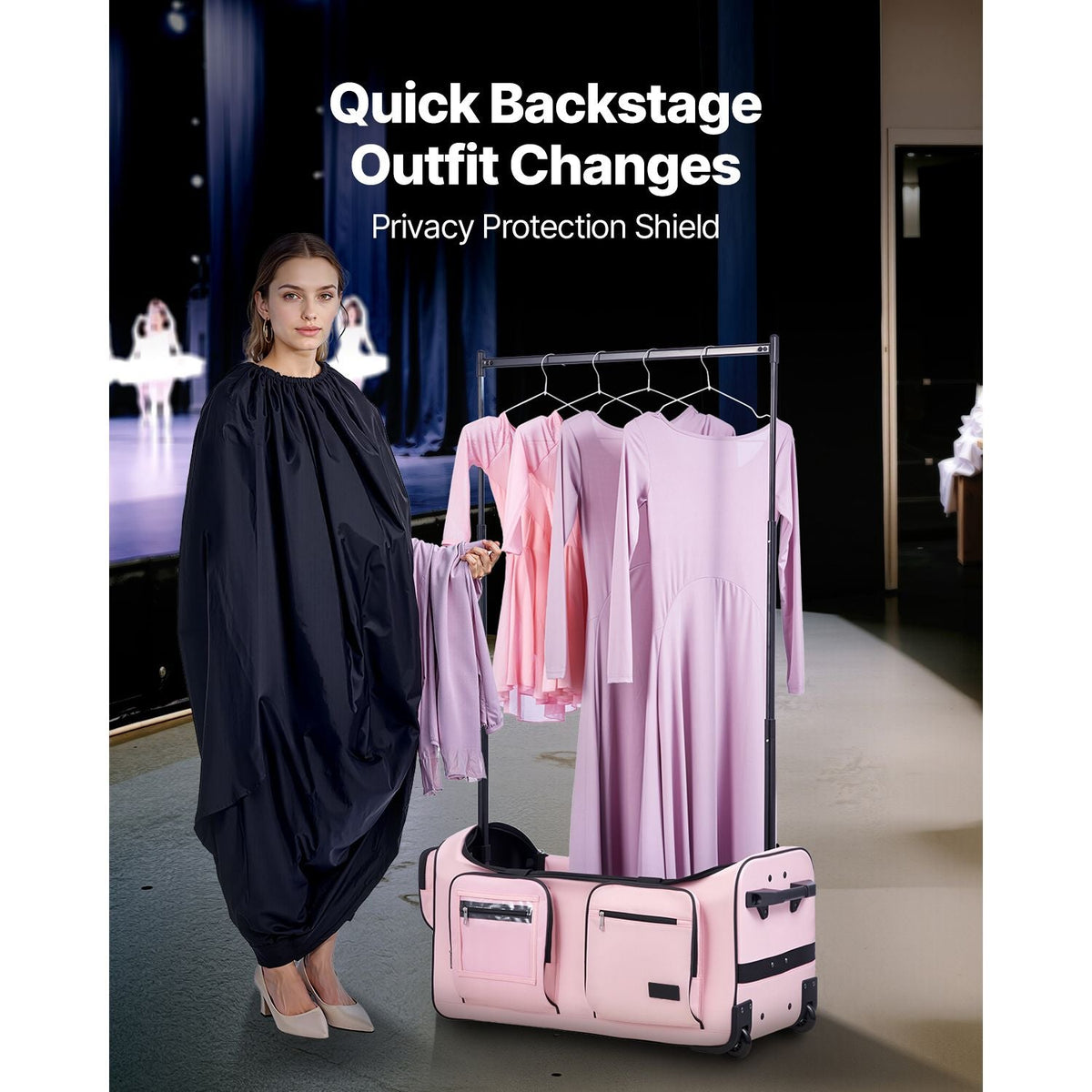 Dance Bag with Garment Rack, 29 Inch Rolling Dance Duffel, with Wheels, Height Adjustable Clothes Rack, USB Port, Privacy Protection Curtain, Ideal for Travel and Competitions, Matte Pink