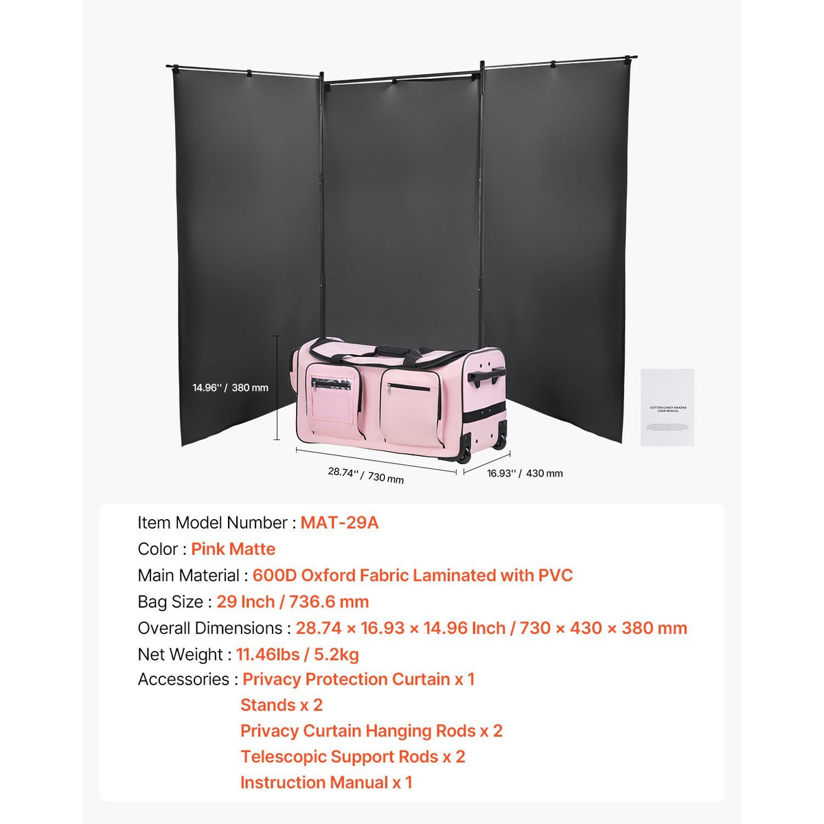 Dance Bag with Garment Rack, 29 Inch Rolling Dance Duffel, with Wheels, USB Port, Height Adjustable Clothes Rack, Privacy Protection Curtain, Ideal for Travel and Competitions, Matte Pink