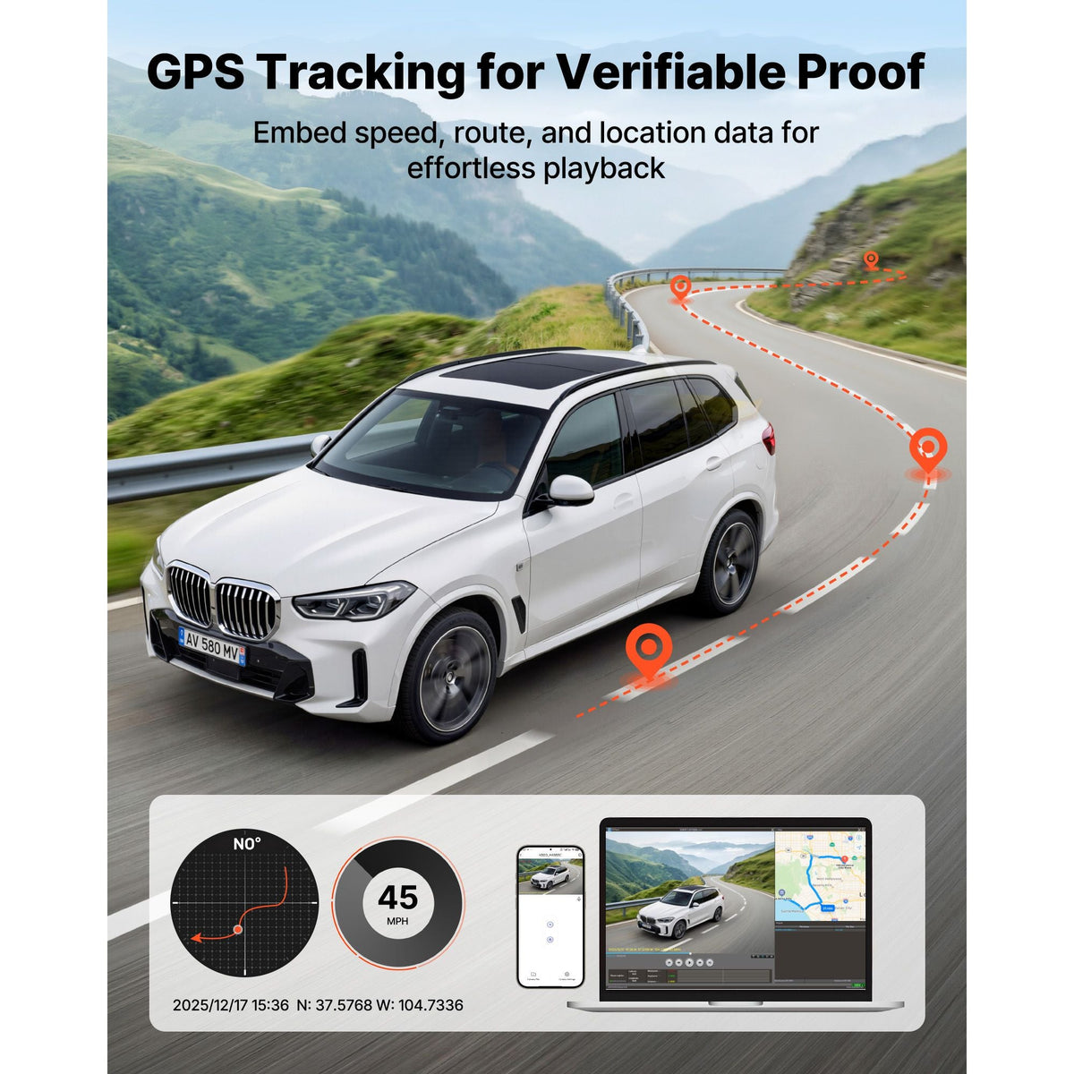 Dash Cam Front and Rear, 4K+1080P, WiFi APP Control, Dual Channel Dash Camera for Cars with Built-in GPS, G-Sensor, Front 123° & Rear 125°, 3" Large Screen, Loop Recording, and Parking Mode