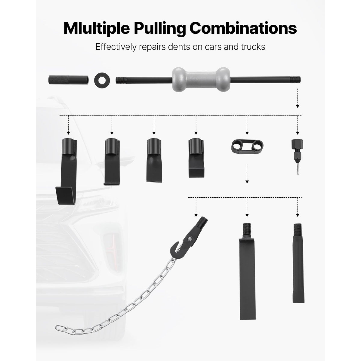 Dent Puller Kit, 10 lbs 13-in-1 Slide Hammer Dent Removal Kit, Heavy-Duty Auto Body Truck Repair Automotive Damage Remover Tool Repair Frame with Carrying Case, Extension Rod, Non-Slip Handle