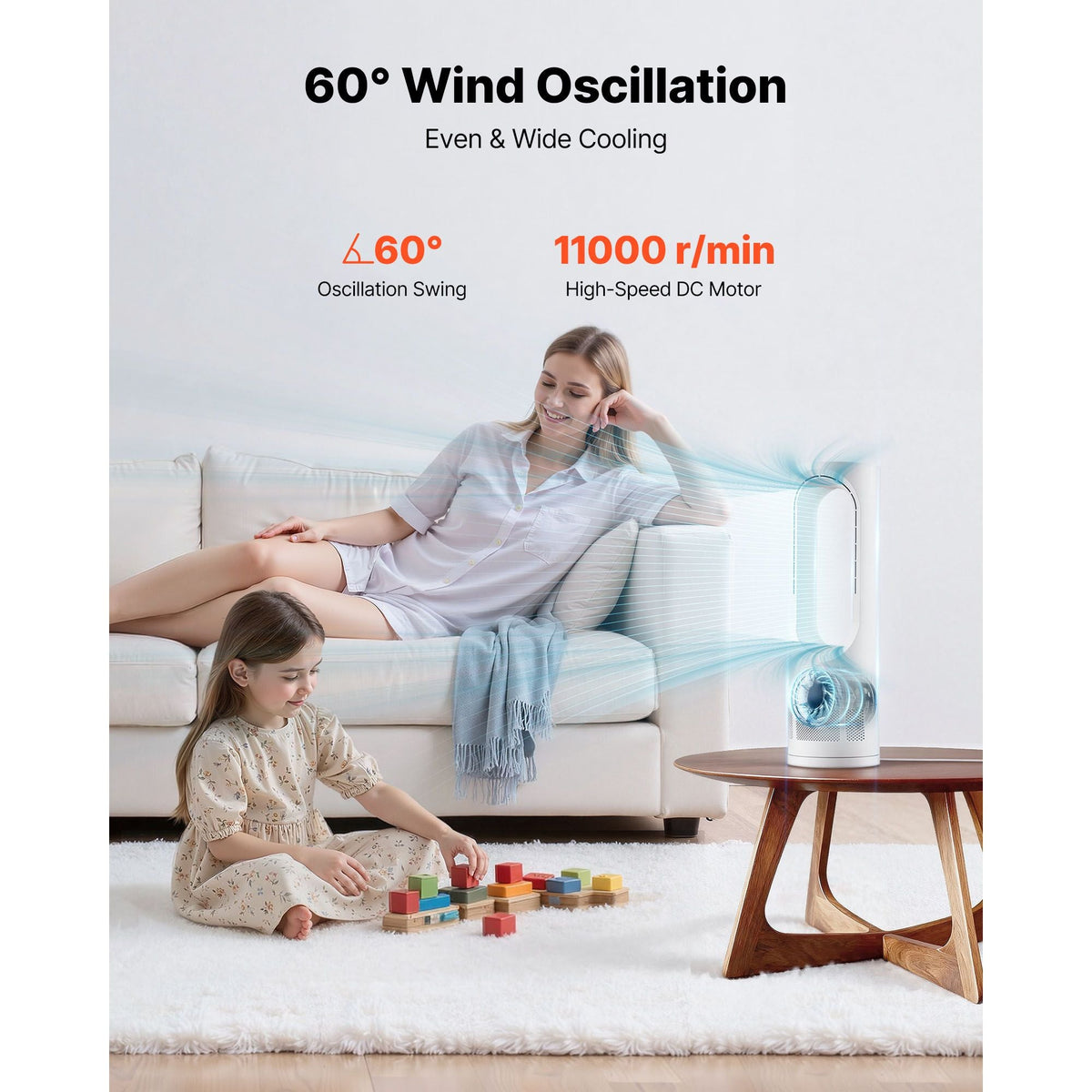 Desk Fan Bladeless, 17 inch Office Table Fan Small Quite, 5 Speeds Adjustment, 0-9H Timer, 60-Degree Oscillation, Touch Control, Easy to Clean, Portable for Office, Living Room, Bedroom