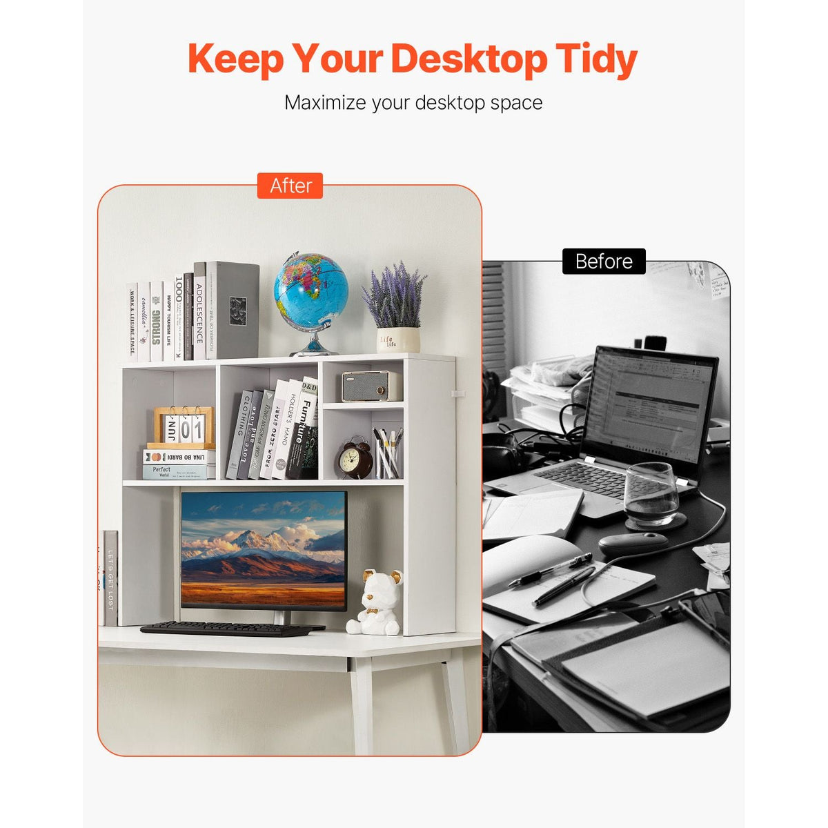 Desktop Bookshelf, 1-Tier Desktop Storage Organizer, 37" x 9.4" x 28.7" Office Storage Rack Wood Display Shelf, Desktop Bookshelf Hutch with Anti-Slip Feet Pads, for Office, Home & Dorm, White
