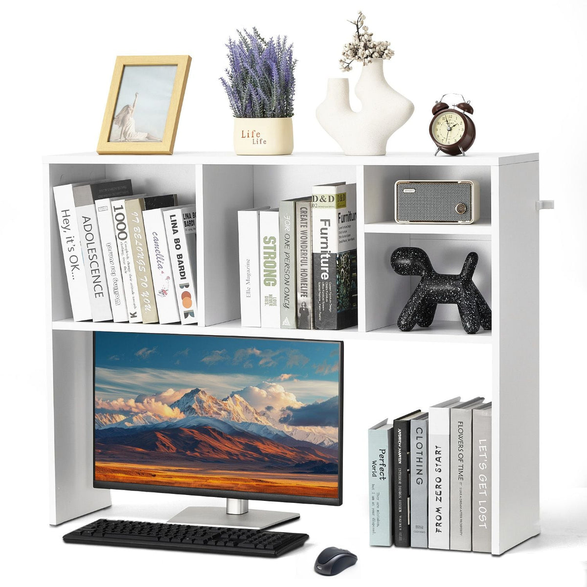 Desktop Bookshelf, 1-Tier Desktop Storage Organizer, 37" x 9.4" x 28.7" Office Storage Rack Wood Display Shelf, Desktop Bookshelf Hutch with Anti-Slip Feet Pads, for Office, Home & Dorm, White
