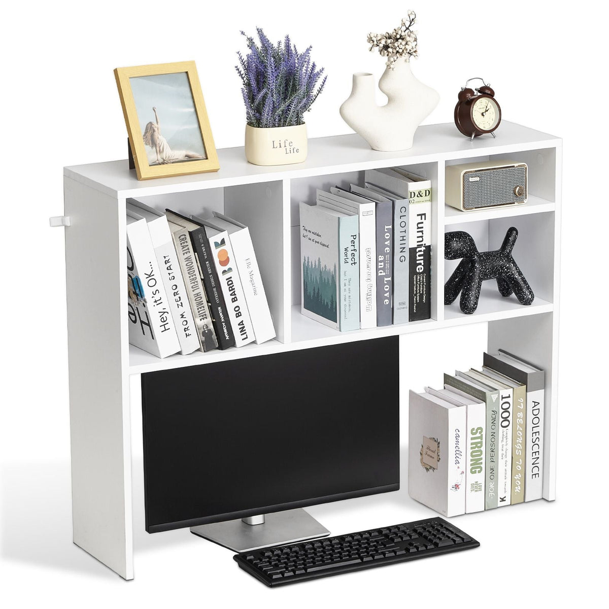Desktop Bookshelf, 1-Tier Desktop Storage Organizer, 37" x 9.4" x 28.7" Office Storage Rack Wood Display Shelf, Desktop Bookshelf Hutch with Anti-Slip Feet Pads, for Office, Home & Dorm, White