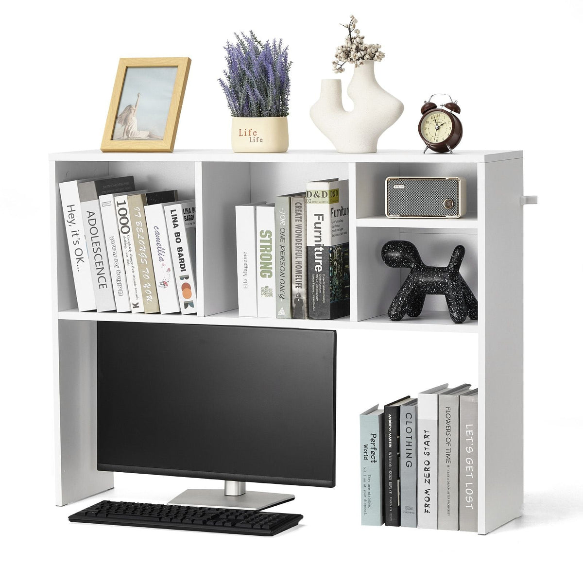 Desktop Bookshelf, 1-Tier Desktop Storage Organizer, 37" x 9.4" x 28.7" Office Storage Rack Wood Display Shelf, Desktop Bookshelf Hutch with Anti-Slip Feet Pads, for Office, Home & Dorm, White