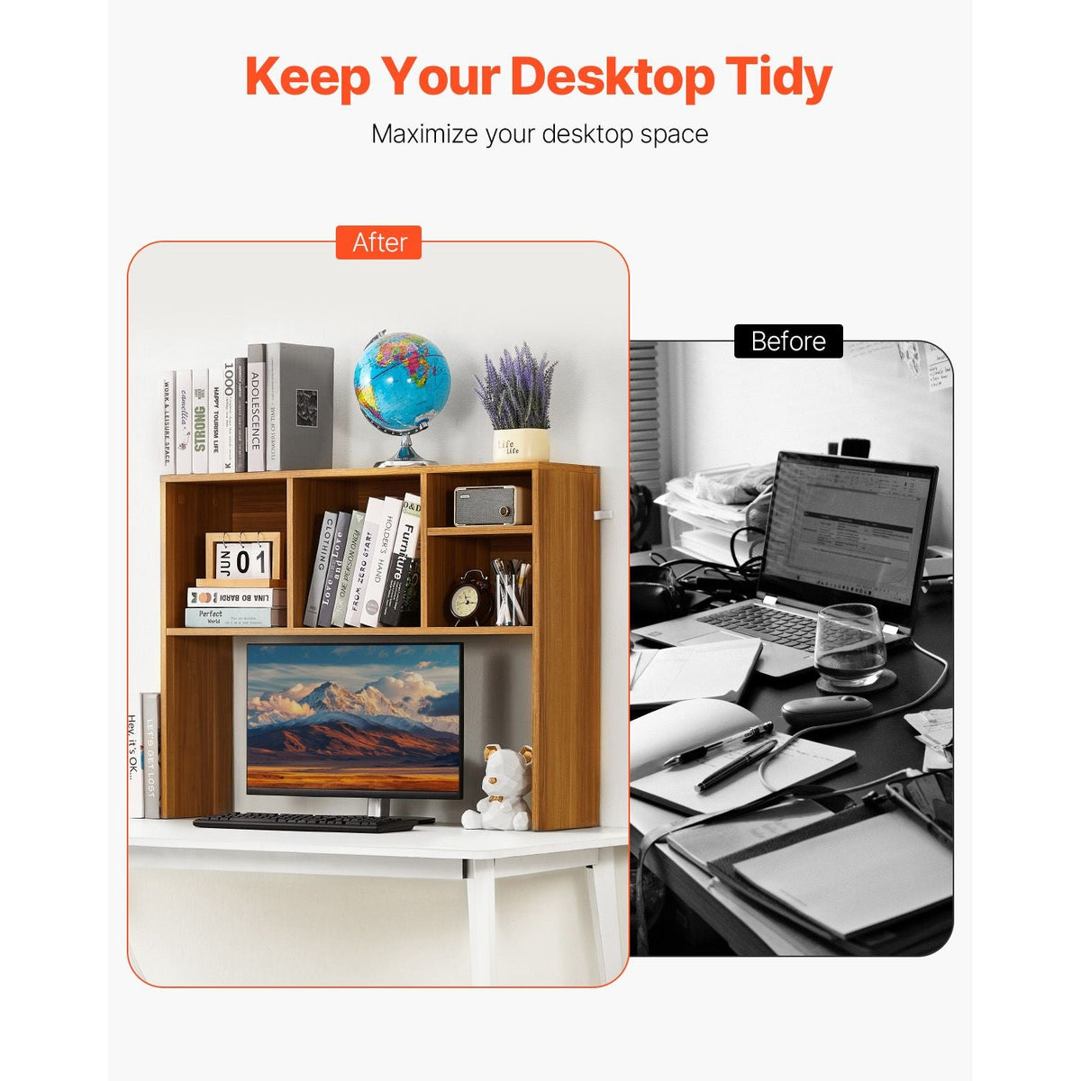 Desktop Bookshelf, 1-Tier Wood Desktop Storage Organizer, 37" x 9.4" x 28.7" Office Storage Rack Wood Display Shelf, Desktop Bookshelf Hutch with Anti-Slip Feet Pads, for Office, Home & Dorm