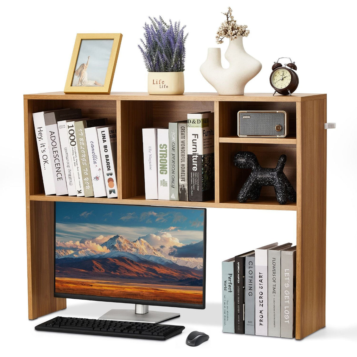 Desktop Bookshelf, 1-Tier Wood Desktop Storage Organizer, 37" x 9.4" x 28.7" Office Storage Rack Wood Display Shelf, Desktop Bookshelf Hutch with Anti-Slip Feet Pads, for Office, Home & Dorm