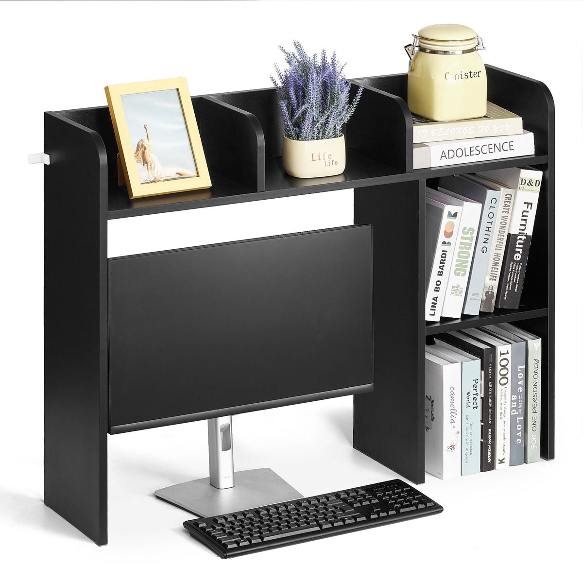 Desktop Bookshelf, 2-Tier Desktop Storage Organizer, 37.2" x 9.5" x 28.9" Office Storage Rack Wood Display Shelf, Desktop Bookshelf Hutch with Anti-Slip Feet Pads, for Office, Home & Dorm, Black