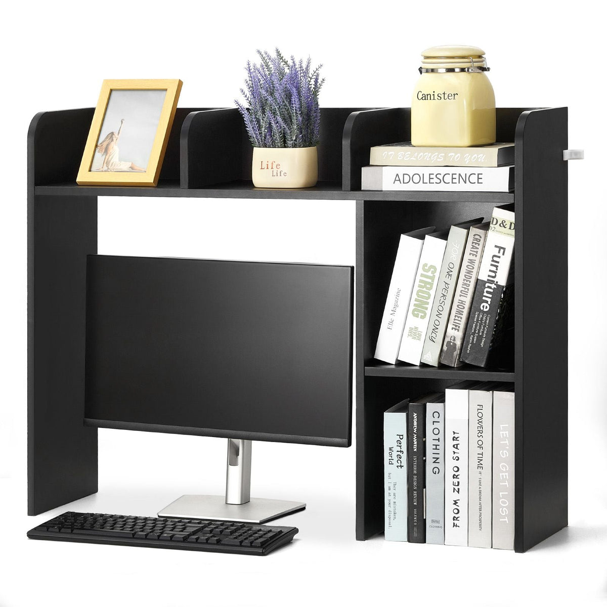 Desktop Bookshelf, 2-Tier Desktop Storage Organizer, 37.2" x 9.5" x 28.9" Office Storage Rack Wood Display Shelf, Desktop Bookshelf Hutch with Anti-Slip Feet Pads, for Office, Home & Dorm, Black