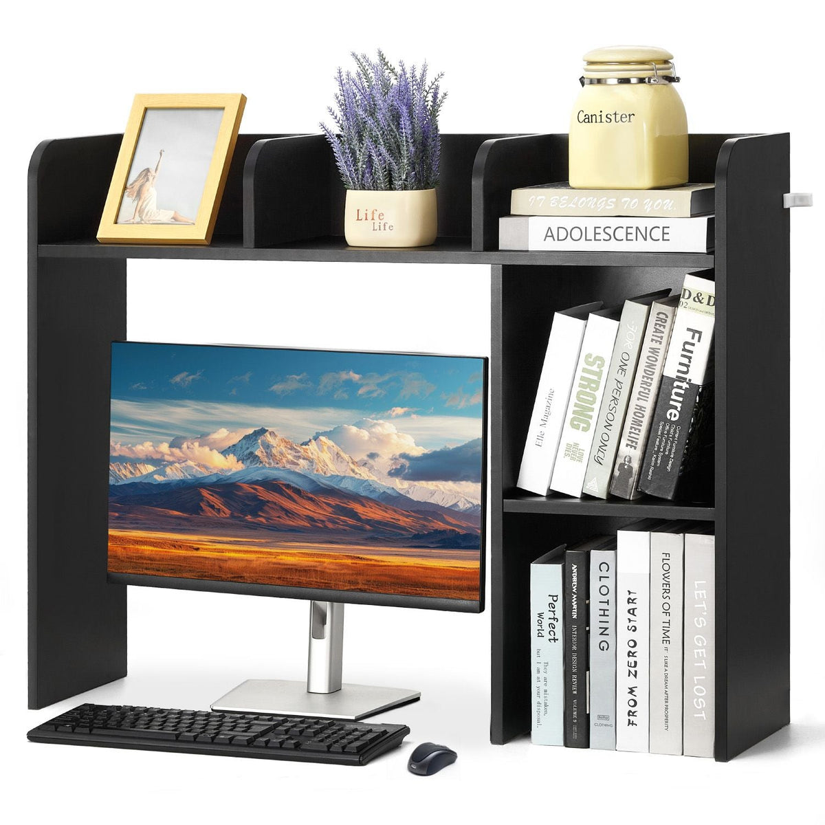 Desktop Bookshelf, 2-Tier Desktop Storage Organizer, 37.2" x 9.5" x 28.9" Office Storage Rack Wood Display Shelf, Desktop Bookshelf Hutch with Anti-Slip Feet Pads, for Office, Home & Dorm, Black