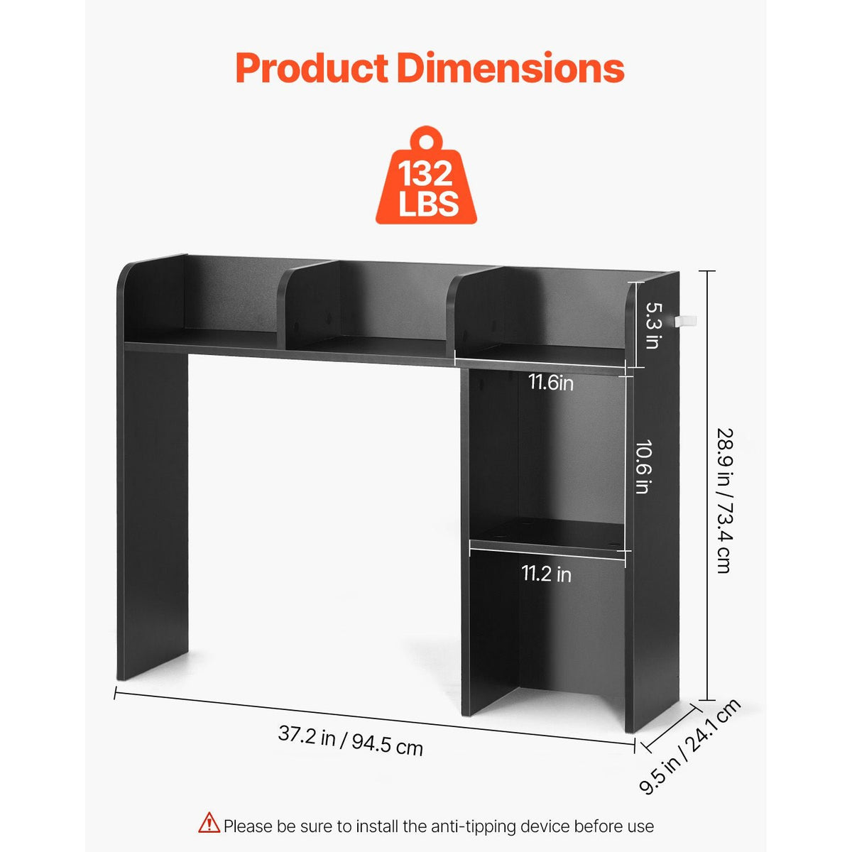 Desktop Bookshelf, 2-Tier Desktop Storage Organizer, 37.2" x 9.5" x 28.9" Office Storage Rack Wood Display Shelf, Desktop Bookshelf Hutch with Anti-Slip Feet Pads, for Office, Home & Dorm, Black