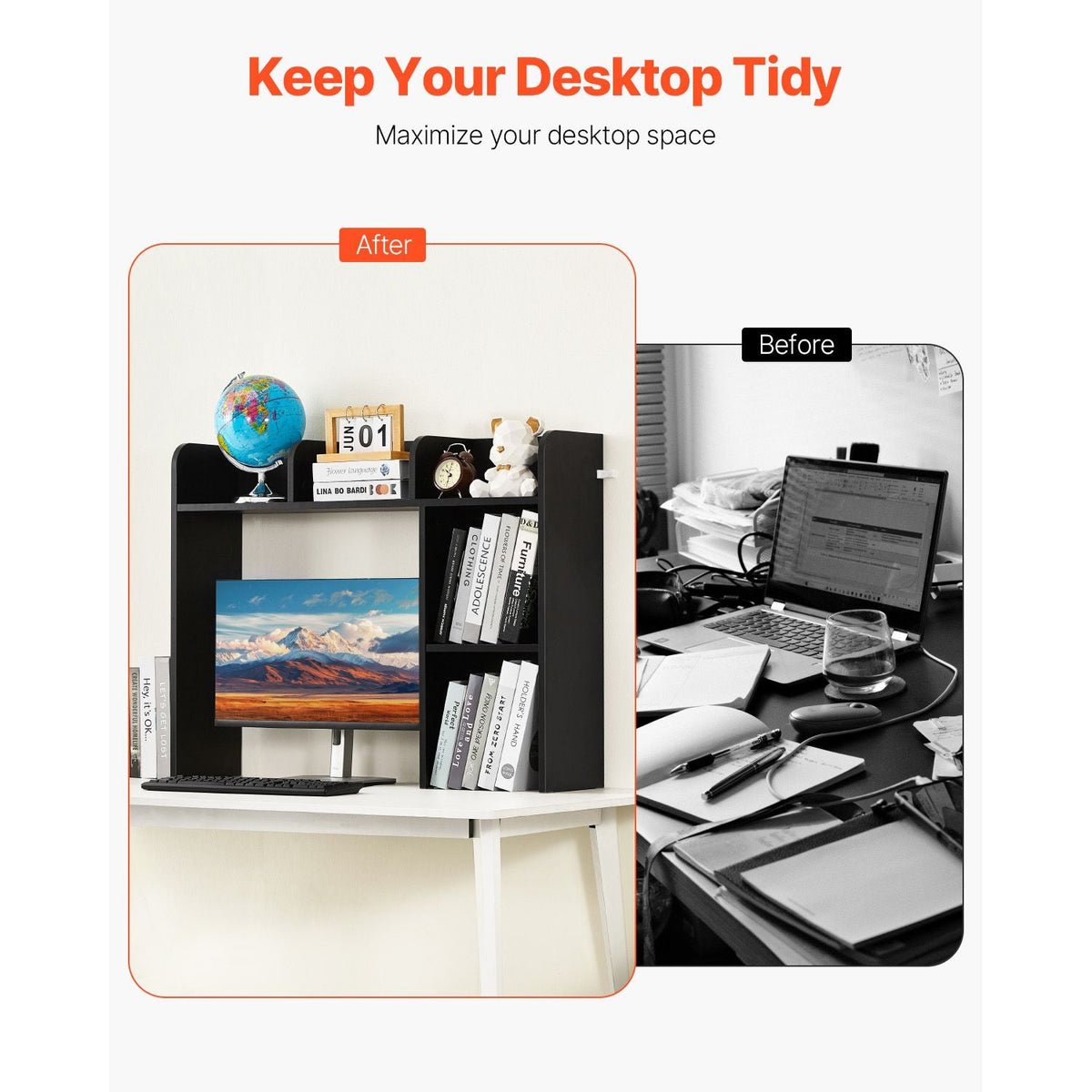 Desktop Bookshelf, 2-Tier Desktop Storage Organizer, 37.2" x 9.5" x 28.9" Office Storage Rack Wood Display Shelf, Desktop Bookshelf Hutch with Anti-Slip Feet Pads, for Office, Home & Dorm, Black