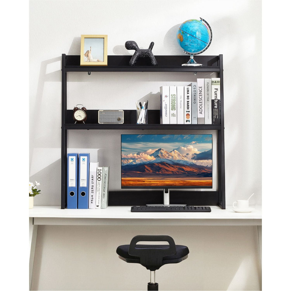 Desktop Bookshelf, 2-Tier Desktop Storage Organizer, 37.4" x 12.6" x 35.4" Office Desk Storage Rack Display Shelf, Desktop Bookshelf Hutch with Anti-Slip Feet Pads, for Home & Dorm, Black