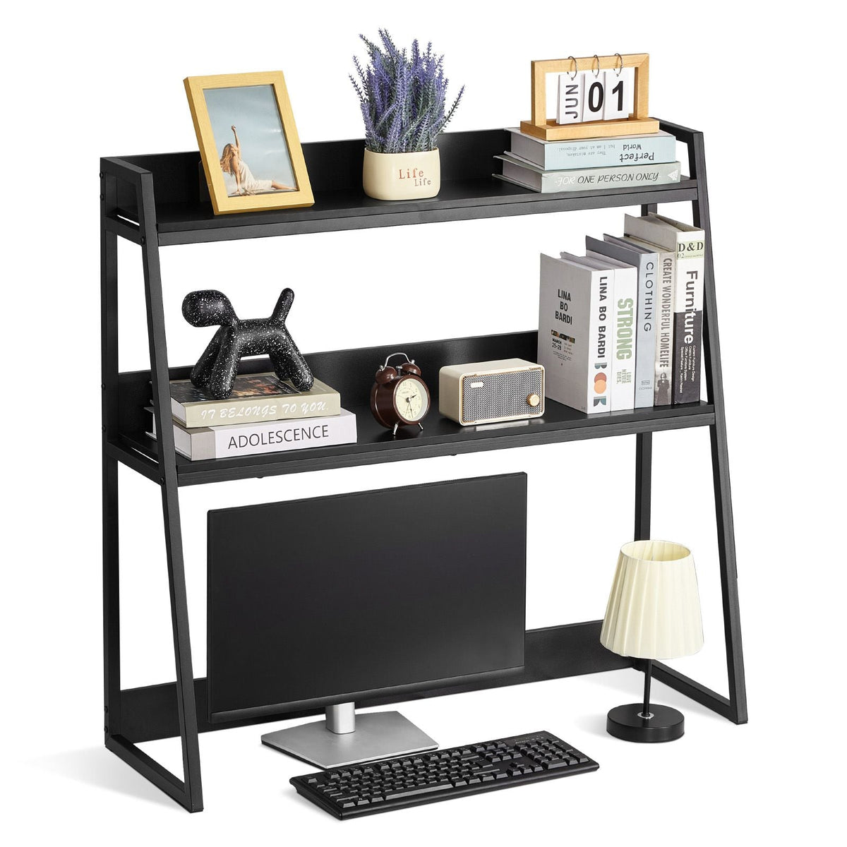 Desktop Bookshelf, 2-Tier Desktop Storage Organizer, 37.4" x 12.6" x 35.4" Office Desk Storage Rack Display Shelf, Desktop Bookshelf Hutch with Anti-Slip Feet Pads, for Home & Dorm, Black