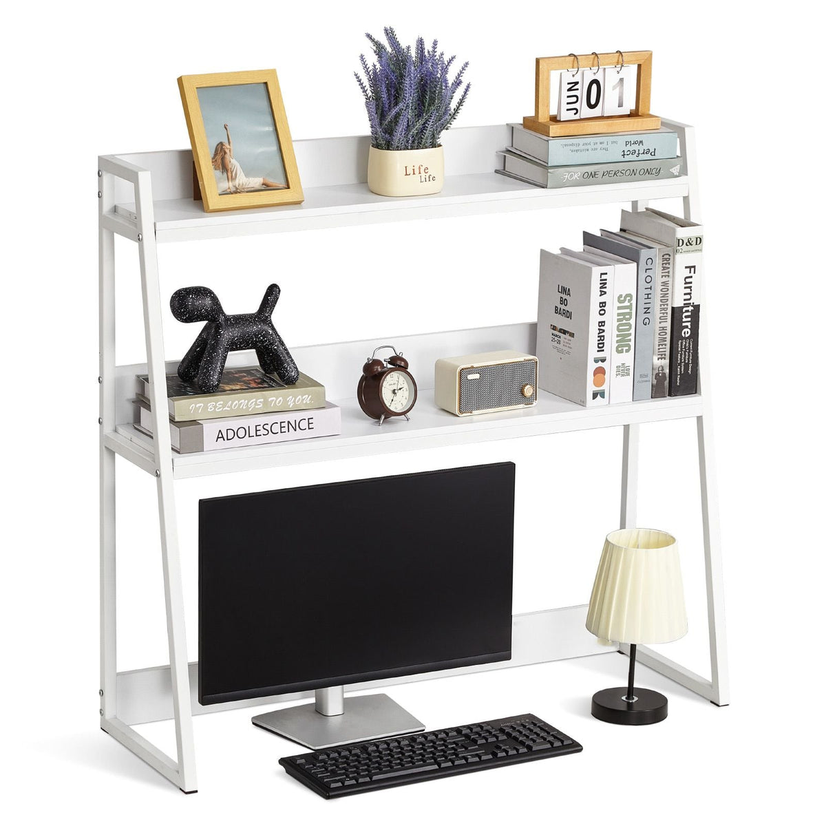 Desktop Bookshelf, 2-Tier Desktop Storage Organizer, 37.4" x 12.6" x 35.4" Office Desk Storage Rack Display Shelf, Desktop Bookshelf Hutch with Anti-Slip Feet Pads, for Home & Dorm, White