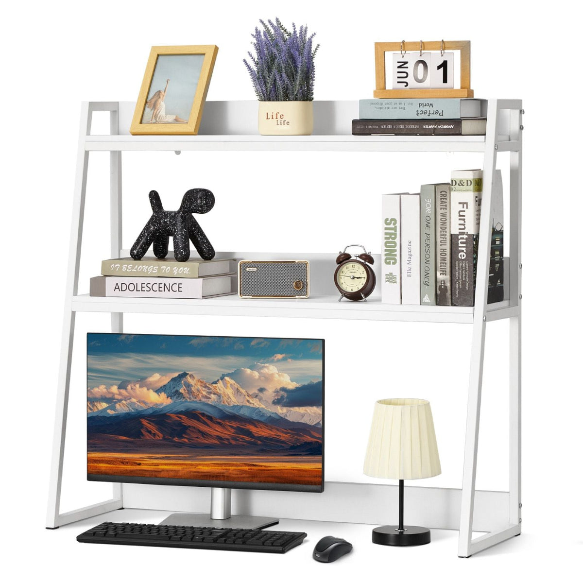 Desktop Bookshelf, 2-Tier Desktop Storage Organizer, 37.4" x 12.6" x 35.4" Office Desk Storage Rack Display Shelf, Desktop Bookshelf Hutch with Anti-Slip Feet Pads, for Home & Dorm, White