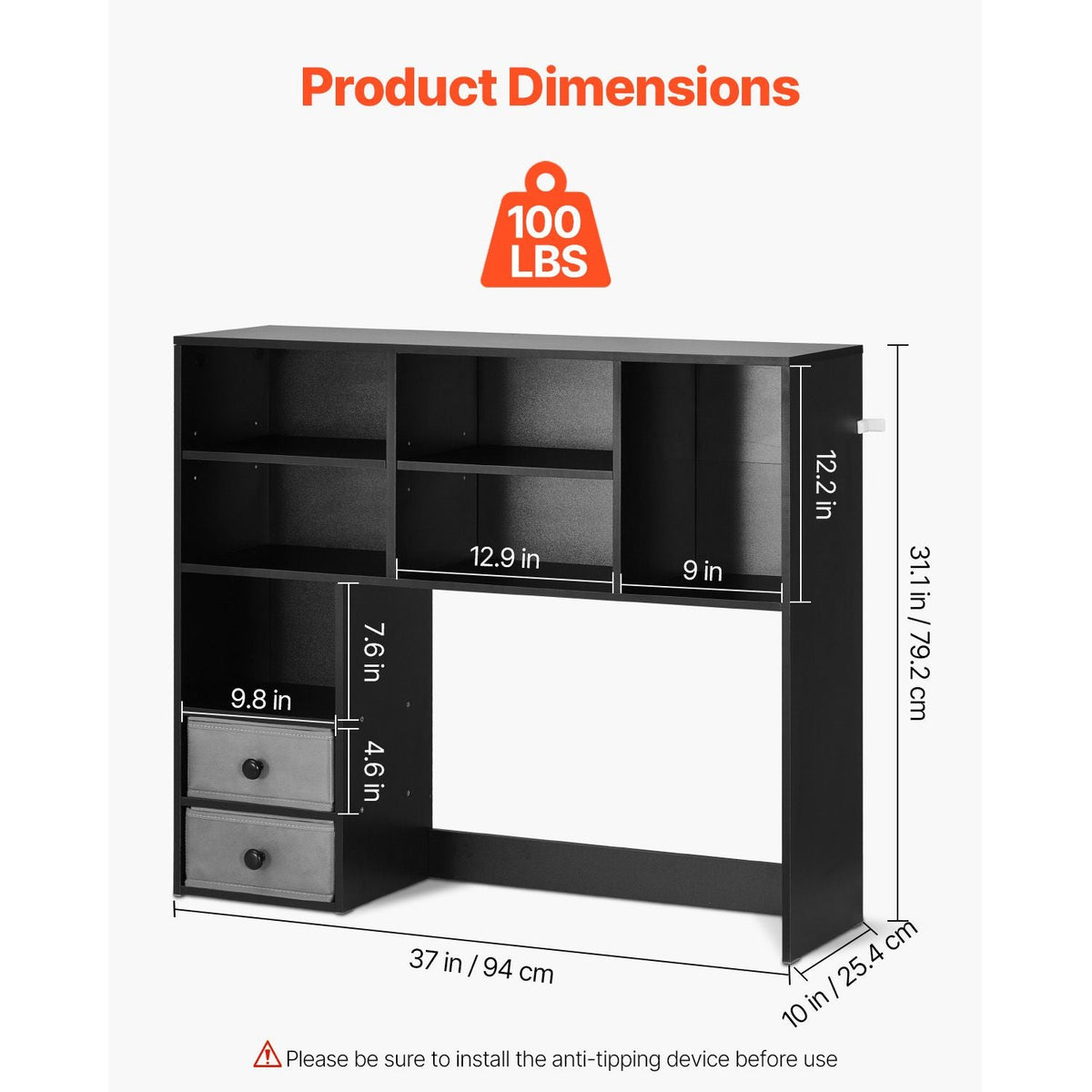 Desktop Bookshelf, 3-Tier Desktop Storage Organizer, 37" x 10" x 31.1" Office Storage Rack Wood Display Shelf, Desktop Bookshelf Hutch with Two Fabric Drawers, for Office, Home & Dorm, Black