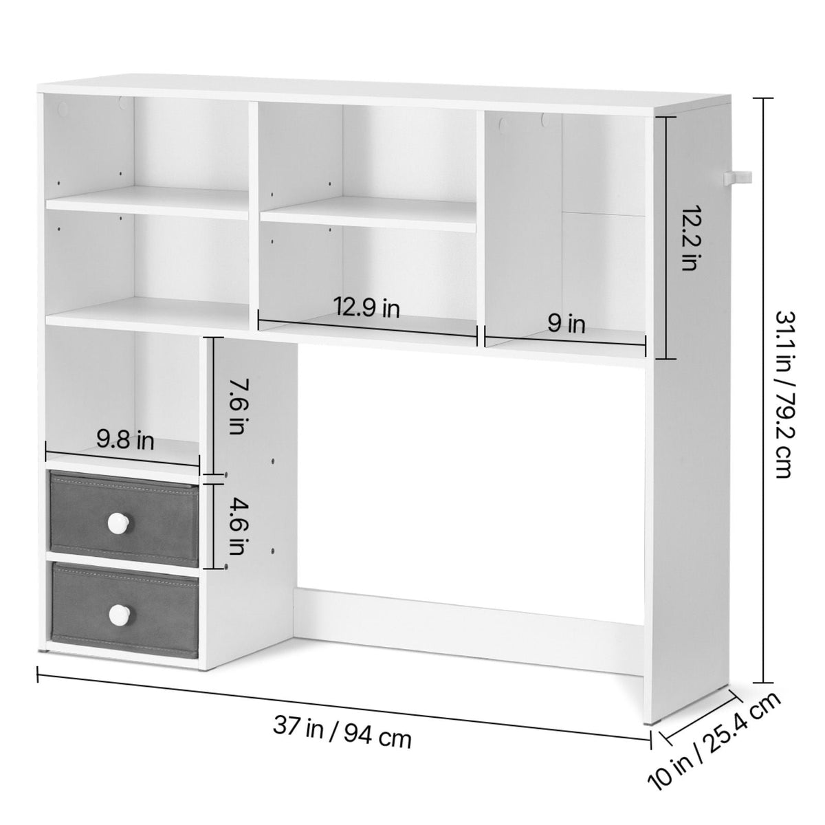 Desktop Bookshelf, 3-Tier Desktop Storage Organizer, 37" x 10" x 31.1" Office Storage Rack Wood Display Shelf, Desktop Bookshelf Hutch with Two Fabric Drawers, for Office, Home & Dorm, White