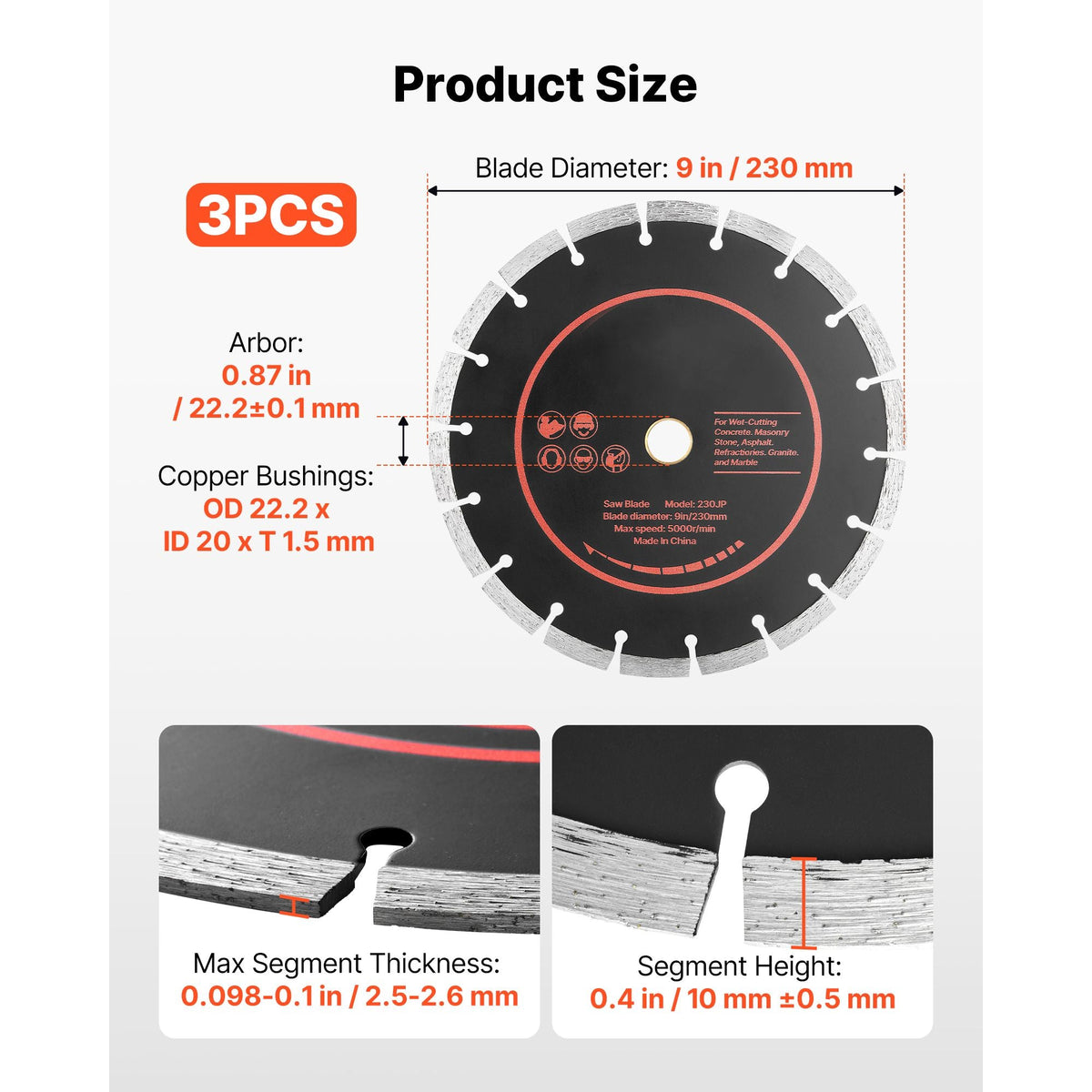Diamond Blades 9 inch, 3-Pack Concrete Saw Blade Set, 7/8 in Arbor, High-Hardness Diamond Segments, 65Mn Steel Core, Dry Wet Cutting, Clean Edges for Concrete, Masonry, Brick, Stone, Granite