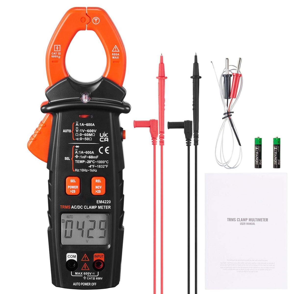 Digital Clamp Multimeter, T-RMS 6000 Count, 600A, for Current, Voltage, Resistance, Diodes & Continuity Testing, Data Hold, NCV, Ideal for Domestic Appliances & Railway Maintenance