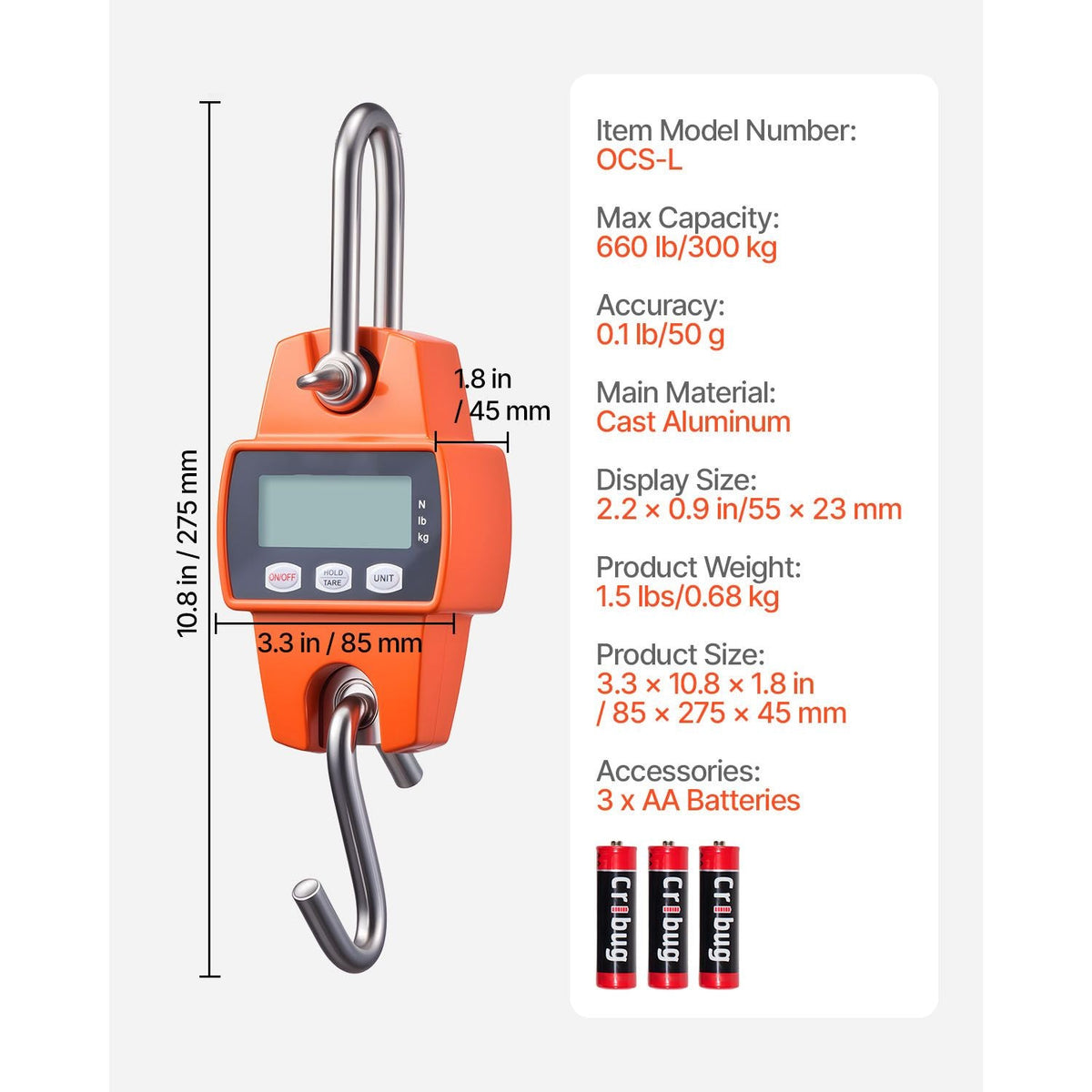 Digital Crane Scale, 660 lbs/300 kg Max Capacity, Handheld Hanging Scale with Cast Aluminum Case & LCD Display, 0.1 lbs Division & 3 Unit Switch, Portable Design for Farm Hunting Fishing, Orange