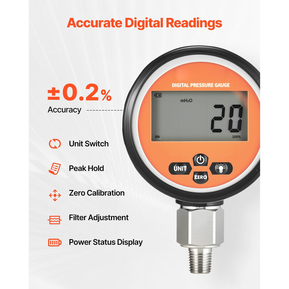 Digital Hydraulic Pressure Gauge, 0-10000 PSI (0-700 Bar) Hydraulic Pressure Sensor, Manometer Tester with 1/4 inch NPT Base Entry for Excavator Construction Machinery, Stainless Steel Housing
