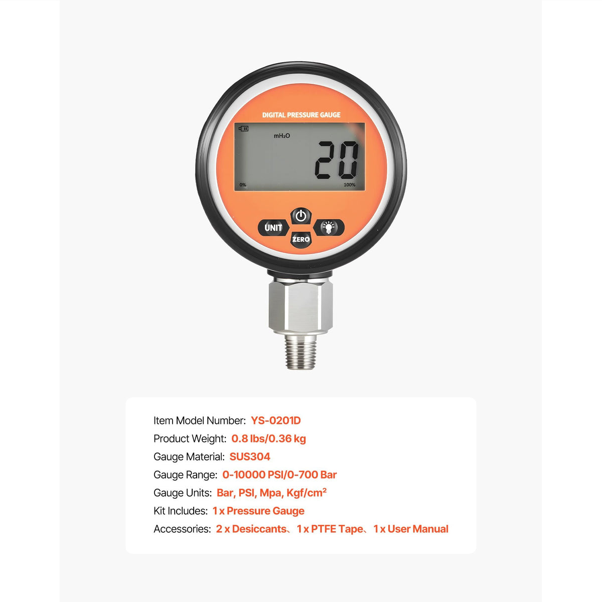 Digital Hydraulic Pressure Gauge, 0-10000 PSI (0-700 Bar) Hydraulic Pressure Sensor, Manometer Tester with 1/4 inch NPT Base Entry for Excavator Construction Machinery, Stainless Steel Housing